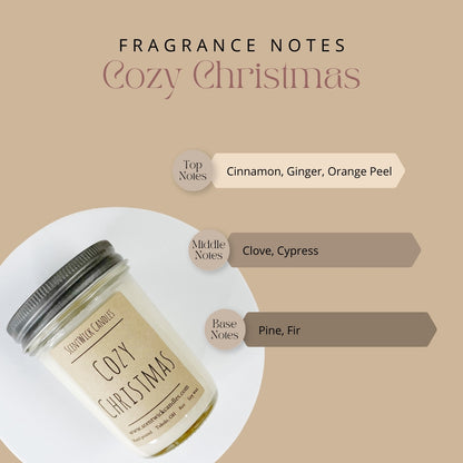 Graphic showing fragrance notes of our handmade natural soy Cozy Christmas candle. Fragrance notes are cinnamon, ginger, orange peel, clove, cypress, pine, and fir.